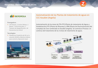 INDUSTRIA: TRATAMIENTO DE AGUAS
Envergadura:
 18 Tanques, 2 Lechos Mixtos, 2
Balsas, 1 electroclorador, 2
Tanques de desgasificación. 40
Secuencias de control
Tecnologías:
 Plataforma Cimplicity de GE en la
solución SCADA y Machine Edition
para control y Operación local.
Automatización de las Plantas de tratamiento de aguas en
CCC Koudiet (Argelia)
Automatización de las áreas de PTA-PTO (Planta de tratamiento de Aguas y
Potabilización) PTE (Planta de Efluentes) y PBN (Planta de Electrocloración) del
Complejo de Ciclo combinado en Koudiet (Argelia). Se controla el Proceso en
continuo del tratamiento de las 3 áreas de tratamiento de aguas.
 