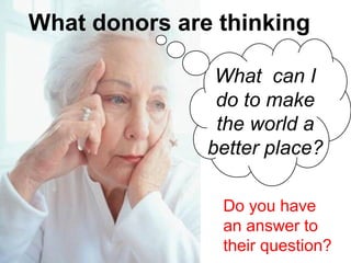 What can I
do to make
the world a
better place?
What donors are thinking
Do you have
an answer to
their question?
 