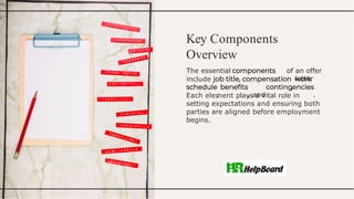 Key Components
Overview
The essential
include ,
of an offer
letter
,
, , and .
Each element plays a vital role in
setting expectations and ensuring both
parties are aligned before employment
begins.
 