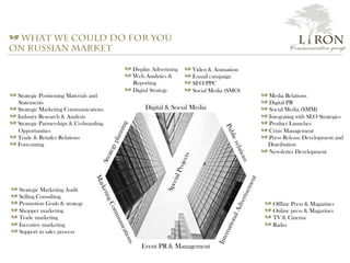 a What We could do for you
on Russian market
Digital & Social Media
Event PR & Management
a Offline Press & Magazines
a Online press & Magazines
a TV & Cinema
a Radio
a Media Relations
a Digital PR
a Social Media (SMM)
a Integrating with SEO Strategies
a Product Launches
a Crisis Management
a Press Release Development and
Distribution
a Newsletter Development
a Strategic Marketing Audit
a Selling Consulting
a Promotion Goals & strategy
a Shopper marketing
a Trade marketing
a Incentive marketing
a Support in sales process
a Display Advertising
a Web Analytics &
Reporting
a Digital Strategy
a Video & Animation
a E-mail campaign
a SEO/PPC
a Social Media (SMO)
a Strategic Positioning Materials and
Statements
a Strategic Marketing Communications
a Industry Research & Analysis
a Strategic Partnerships & Co-branding
Opportunities
a Trade & Retailer Relations
a Forecasting
L i RON
Communication group
 