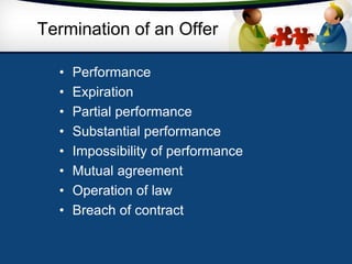 Termination of an Offer
• Performance
• Expiration
• Partial performance
• Substantial performance
• Impossibility of performance
• Mutual agreement
• Operation of law
• Breach of contract
 
