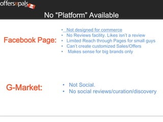 No “Platform” Available
                 •   Not designed for commerce
                 •   No Reviews facility. Likes isn’t a review
Facebook Page:   •   Limited Reach through Pages for small guys
                 •   Can’t create customized Sales/Offers
                 •   Makes sense for big brands only




                 • Not Social.
G-Market:        • No social reviews/curation/discovery
 