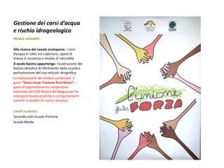 Gestione dei corsi d’acqua e rischio idrogeologico 
Moduli attivabili: 
Alla ricerca del canale scomparso: i corsi d’acqua in città, tra coperture, opere di messa in sicurezza e residui di naturalità 
A quale bacino appartengo: ricostruzione del bacino idraulico di riferimento della scuola e perlustrazione del suo reticolo idrografico 
La realizzazione dei moduli contempla il gioco “Zona rossa: l’unione fa la forza!”, gioco di apprendimento cooperativo elaborato dal CEA Riviera del Beigua per far emergere buone pratiche e comportamenti corretti in ambito di rischio idraulico 
Livelli scolastici: 
Secondo ciclo Scuola Primaria 
Scuola Media  