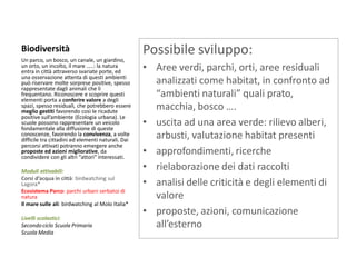 Biodiversità 
Un parco, un bosco, un canale, un giardino, un orto, un incolto, il mare …..: la natura entra in città attraverso svariate porte, ed una osservazione attenta di questi ambienti può riservare molte sorprese positive, spesso rappresentate dagli animali che li frequentano. Riconoscere e scoprire questi elementi porta a conferire valore a degli spazi, spesso residuali, che potrebbero essere meglio gestiti favorendo così le ricadute positive sull’ambiente (Ecologia urbana). Le scuole possono rappresentare un veicolo fondamentale alla diffusione di queste conoscenze, favorendo la convivenza, a volte difficile tra cittadini ed elementi naturali. Dai percorsi attivati potranno emergere anche proposte ed azioni migliorative, da condividere con gli altri “attori” interessati. 
Moduli attivabili: 
Corsi d’acqua in città: birdwatching sul Lagora* 
Ecosistema Parco: parchi urbani serbatoi di natura 
Il mare sulle ali: birdwatching al Molo Italia* 
Livelli scolastici: 
Secondo ciclo Scuola Primaria 
Scuola Media 
Possibile sviluppo: 
•Aree verdi, parchi, orti, aree residuali analizzati come habitat, in confronto ad “ambienti naturali” quali prato, macchia, bosco …. 
•uscita ad una area verde: rilievo alberi, arbusti, valutazione habitat presenti 
•approfondimenti, ricerche 
•rielaborazione dei dati raccolti 
•analisi delle criticità e degli elementi di valore 
•proposte, azioni, comunicazione all’esterno 
 