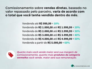 Comissionamento sobre vendas diretas, baseado no
valor repassado pelo parceiro, varia de acordo com
o total que você tenha vendido dentro do mês.
Vendendo até R$ 999,99 = 10%
Vendendo de R$ 1.000,00 até R$ 1.999,99 = 20%
Vendendo de R$ 2.000,00 até R$ 2.999,99 = 30%
Vendendo de R$ 3.000,00 até R$ 3.999,99 = 40%
Vendendo de R$ 4.000,00 até R$ 4.999,99 = 50%
Vendendo a partir de R$ 5.000,00 = 60%
Quanto mais você vende maior será sua margem de
comissionamento, quanto mais produtos da categoria
vermelha você vende, maior será sua remuneração.

 