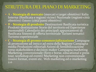 A - Strategia di mercato (mercati e target obiettivo) Italia
Interna (Basilicata e regioni vicine) Nazionale (regioni-città
obiettivo) Estero (città/paesi obiettivo)
 B - Strategia di prodotto Destinazioni Basilicata turistica
Prodotti-destinazione Storie del territorio ed Esperienze
memorabili Calendario dei principali appuntamenti di
Basilicata Sistemi di offerta territoriale Turismi tematici
Turismo esperienziale
 C - Strategia di promo-commercializzazione Campagne
di promozione ad intra e ad extra della Regione Campagna
media Produzioni editoriali Azioni di Sensibilizzazione
verso stakeholders e decision maker Campagna marketing
Marketing convenzionale (fiere e borse, educational e press
tour, workshop ed eventi) Marketing non convenzionale
(nuovi format, eventi etc. Web marketing ed e-marketing
2.0
 