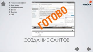 1) Техническое задание
2) План работ




                                 О
3) Проектирование




                               В
4) Дизайн
5) Верстка




                              О
6) CMS




                           ОТ
                         Г
                  СОЗДАНИЕ САЙТОВ
 