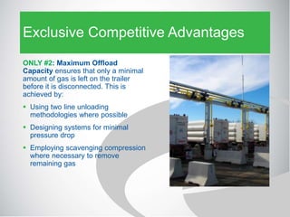 Exclusive Competitive Advantages
ONLY #2: Maximum Offload
Capacity ensures that only a minimal
amount of gas is left on the trailer
before it is disconnected. This is
achieved by:
 Using two line unloading
methodologies where possible
 Designing systems for minimal
pressure drop
 Employing scavenging compression
where necessary to remove
remaining gas
 