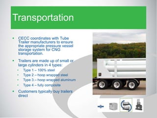 Transportation
 CECC coordinates with Tube
Trailer manufacturers to ensure
the appropriate pressure vessel
storage system for CNG
transportation.
 Trailers are made up of small or
large cylinders in 4 types:
• Type 1 – 100% steel
• Type 2 – hoop wrapped steel
• Type 3 – hoop wrapped aluminum
• Type 4 – fully composite
 Customers typically buy trailers
direct
 