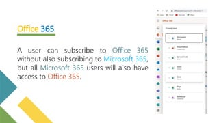 A user can subscribe to Office 365
without also subscribing to Microsoft 365,
but all Microsoft 365 users will also have
access to Office 365.
Office 365
 