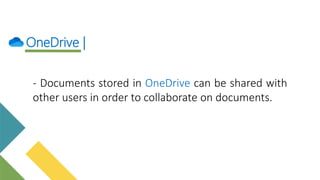 - Documents stored in OneDrive can be shared with
other users in order to collaborate on documents.
OneDrive |
 
