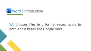 Word saves files in a format recognizable by
both Apple Pages and Google Docs.
Word | Introduction
 
