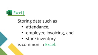 Storing data such as
• attendance,
• employee invoicing, and
• store inventory
is common in Excel.
Excel |
 