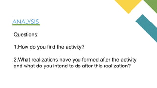 Questions:
1.How do you find the activity?
2.What realizations have you formed after the activity
and what do you intend to do after this realization?
ANALYSIS
 