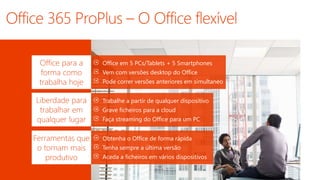 Office para a
forma como
trabalha hoje
Office em 5 PCs/Tablets + 5 Smartphones
Vem com versões desktop do Office
Pode correr versões anteriores em simultaneo
Liberdade para
trabalhar em
qualquer lugar
Trabalhe a partir de qualquer dispositivo
Grave ficheiros para a cloud
Faça streaming do Office para um PC
Ferramentas que
o tornam mais
produtivo
Obtenha o Office de forma rápida
Tenha sempre a última versão
Aceda a ficheiros em vários dispositivos
 
