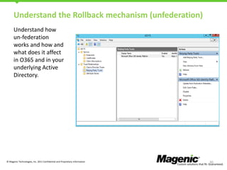 Understand the Rollback mechanism (unfederation)
Understand how
un-federation
works and how and
what does it affect
in O365 and in your
underlying Active
Directory.

© Magenic Technologies, Inc. 2011 Confidential and Proprietary Information

30

 