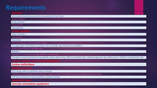 Requirements
Monitors
Noninvasive blood pressure with an assortment of cuff sizes
Heart rate/ECG
Pulse oximeter
Temperature
Capnography
Airway supplies
Nasal cannulae
Oral airways
Facemasks
Self-inflating bag-mask ventilation device
Laryngoscopes with blades in multiple sizes and styles (eg, Macintosh and Miller)
Endotracheal tubes in multiple sizes
Stylettes
Supraglottic airway devices (eg, LMA) in multiple sizes
Emergency airway equipment (supraglottic airway devices [eg, LMAs] in multiple sizes, videolaryngoscope [eg, Glidescope or CMAC], cricothyrotomy kit)
Suction catheters and suction equipment
Cardiac defibrillator
Emergency drugs
ACLS drugs (refer to UpToDate topics on ACLS)
Dantrolene and malignant hyperthermia supplies (refer to UpToDate topics on malignant hyperthermia)
20% lipid emulsion for local anesthetic systemic toxicity
Anesthetic drugs
Vascular cannulation equipment
 