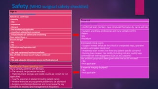 Safety (WHO surgical safety checklist)
Sign in
Before induction of anesthesia
Patient has confirmed:
--Identity
--Site
--Procedure
--Consent
--Site marked/not applicable
--Anesthesia safety check completed
--Pulse oximeter on patient and functioning
Does patient have a:
Known allergy?
--No
--Yes
Difficult airway/aspiration risk?
--No
--Yes, and equipment/assistance available
Risk of >500 mL blood loss (7 mL/kg in children)?
--No
--Yes, and adequate intravenous access and fluids planned
Time out
Before skin incision
--Confirm all team members have introduced themselves by name and role
--Surgeon, anesthesia professional, and nurse verbally confirm
-Patient
-Site
-Procedure
Anticipated critical events
--Surgeon reviews: What are the critical or unexpected steps, operative
duration, anticipated blood loss?
--Anesthesia team reviews: Are there any patient-specific concerns?
--Nursing team reviews: Has sterility (including indicator results) been
confirmed? Are there equipment issues or any concerns?
Has antibiotic prophylaxis been given within the last 60 minutes?
--Yes
--Not applicable
Is essential imaging displayed?
--Yes
--Not applicable
Sign out
Before patient leaves operating room
Nurse verbally confirms with the team:
--The name of the procedure recorded
--That instrument, sponge, and needle counts are correct (or not
applicable)
--How the specimen is labeled (including patient name)
--Whether there are any equipment problems to be addressed
--Surgeon, anesthesia professional, and nurse review the key
concerns for recovery and management of this patient
 