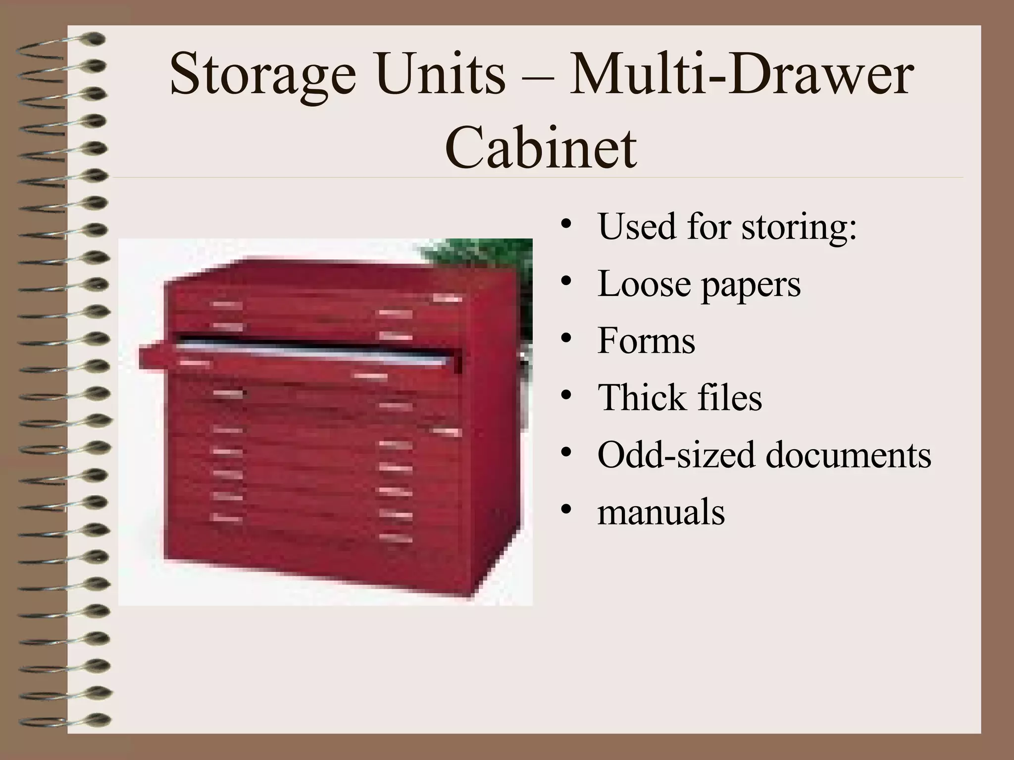 Storage Units – Multi-Drawer Cabinet Used for storing: Loose papers Forms Thick files Odd-sized documents manuals 