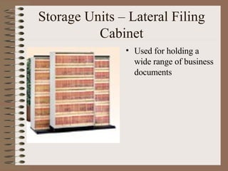 Storage Units – Lateral Filing Cabinet Used for holding a wide range of business documents 