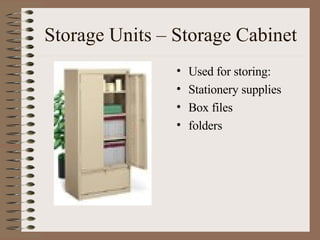 Storage Units – Storage Cabinet Used for storing: Stationery supplies Box files folders 