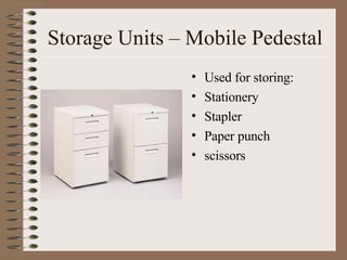 Storage Units – Mobile Pedestal Used for storing: Stationery Stapler Paper punch scissors 