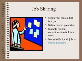 Job Sharing Employees share a full-time job Salary paid as proportion Suitable for non-commitment to full time work Not suitable for all jobs –  senior managers 