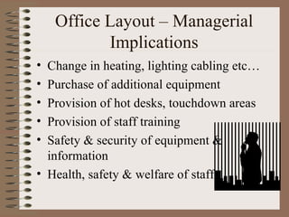 Office Layout – Managerial Implications Change in heating, lighting cabling etc… Purchase of additional equipment Provision of hot desks, touchdown areas Provision of staff training Safety & security of equipment & information Health, safety & welfare of staff 