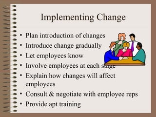Implementing Change Plan introduction of changes Introduce change gradually Let employees know Involve employees at each stage Explain how changes will affect employees Consult & negotiate with employee reps Provide apt training 
