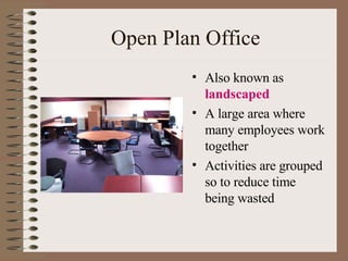 Open Plan Office Also known as  landscaped A large area where many employees work together Activities are grouped so to reduce time being wasted 