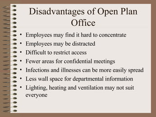 Disadvantages of Open Plan Office Employees may find it hard to concentrate Employees may be distracted Difficult to restrict access Fewer areas for confidential meetings Infections and illnesses can be more easily spread Less wall space for departmental information Lighting, heating and ventilation may not suit everyone 