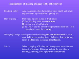 Implications of making changes to the office layout Health & Safety ~  Any changes in office layout must meet health and safety  requirements, eg ventilation, lighting, etc. Staff Welfare ~ Staff must be kept in mind.  Staff must:    feel that they have been  consulted    be able to work efficiently    be able to use the correct equipment and facilities – this    may show a need for  training . Managing Change ~ Managers must maintain  good communications  as staff  may feel insecure during times of change.  Insecurity may  result in  illness  and increased  absenteeism . Cost ~ When changing office layout, management must consider  the cost of change.  This may include the cost of new  buildings, training, new equipment and furniture 