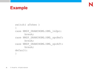 Example switch( aToken ) { case NMSP_DRAWINGML|XML_lnSpc: break; case NMSP_DRAWINGML|XML_spcBef: break; case NMSP_DRAWINGML|XML_spcAft: break; default: } 