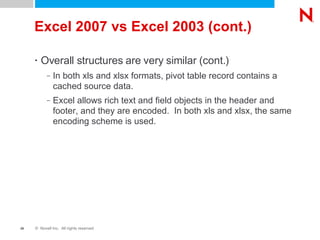 Excel 2007 vs Excel 2003 (cont.) Overall structures are very similar (cont.) In both xls and xlsx formats, pivot table record contains a cached source data. Excel allows rich text and field objects in the header and footer, and they are encoded.  In both xls and xlsx, the same encoding scheme is used.  