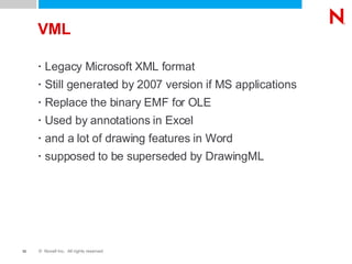 VML Legacy Microsoft XML format Still generated by 2007 version if MS applications Replace the binary EMF for OLE Used by annotations in Excel and a lot of drawing features in Word supposed to be superseded by DrawingML 