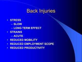 Back Injuries
• STRESS
– SLOW
– LONG TERM EFFECT
• STRAINS
– ACUTE
• REDUCED MOBILITY
• REDUCED EMPLOYMENT SCOPE
• REDUCED PRODUCTIVITY

 