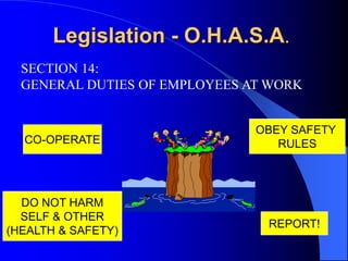 Legislation - O.H.A.S.A.
SECTION 14:
GENERAL DUTIES OF EMPLOYEES AT WORK

CO-OPERATE

DO NOT HARM
SELF & OTHER
(HEALTH & SAFETY)

OBEY SAFETY
RULES

REPORT!

 