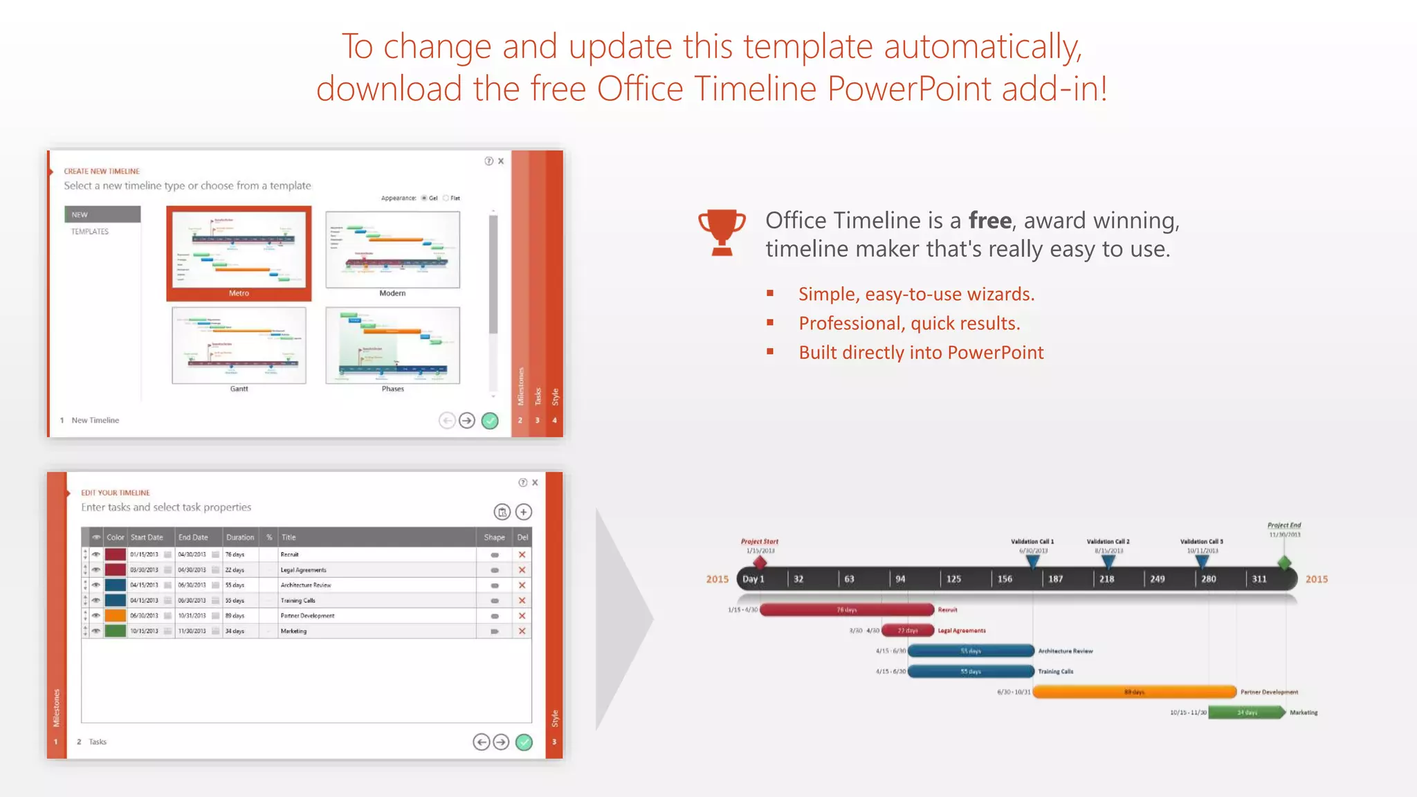 To change and update this template automatically,
download the free Office Timeline PowerPoint add-in!
Office Timeline is a free, award winning,
timeline maker that's really easy to use.
Simple, easy-to-use wizards.
Professional, quick results.
Built directly into PowerPoint