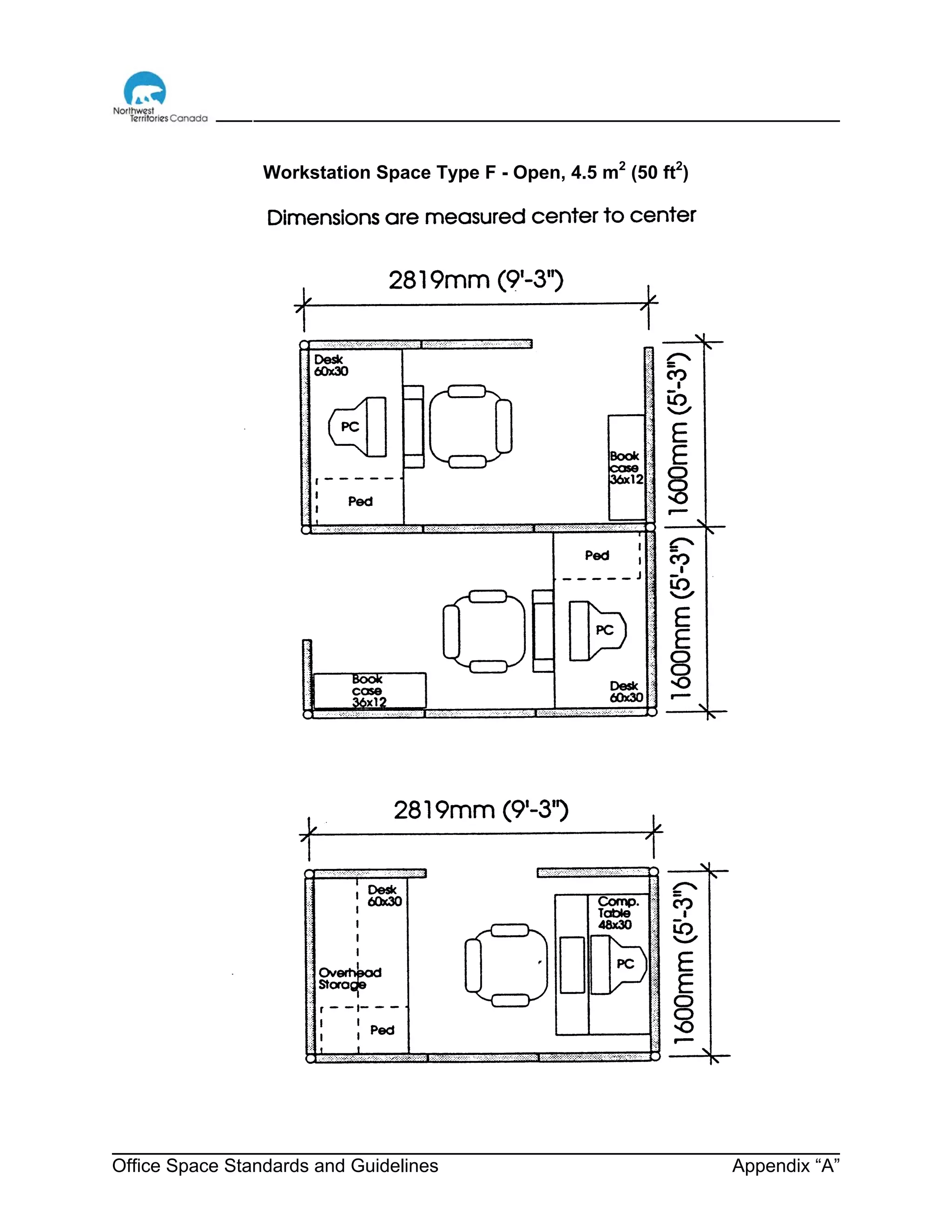 Office Space Standards and Guidelines Appendix “A”
Workstation Space Type F - Open, 4.5 m2
(50 ft2
)
 