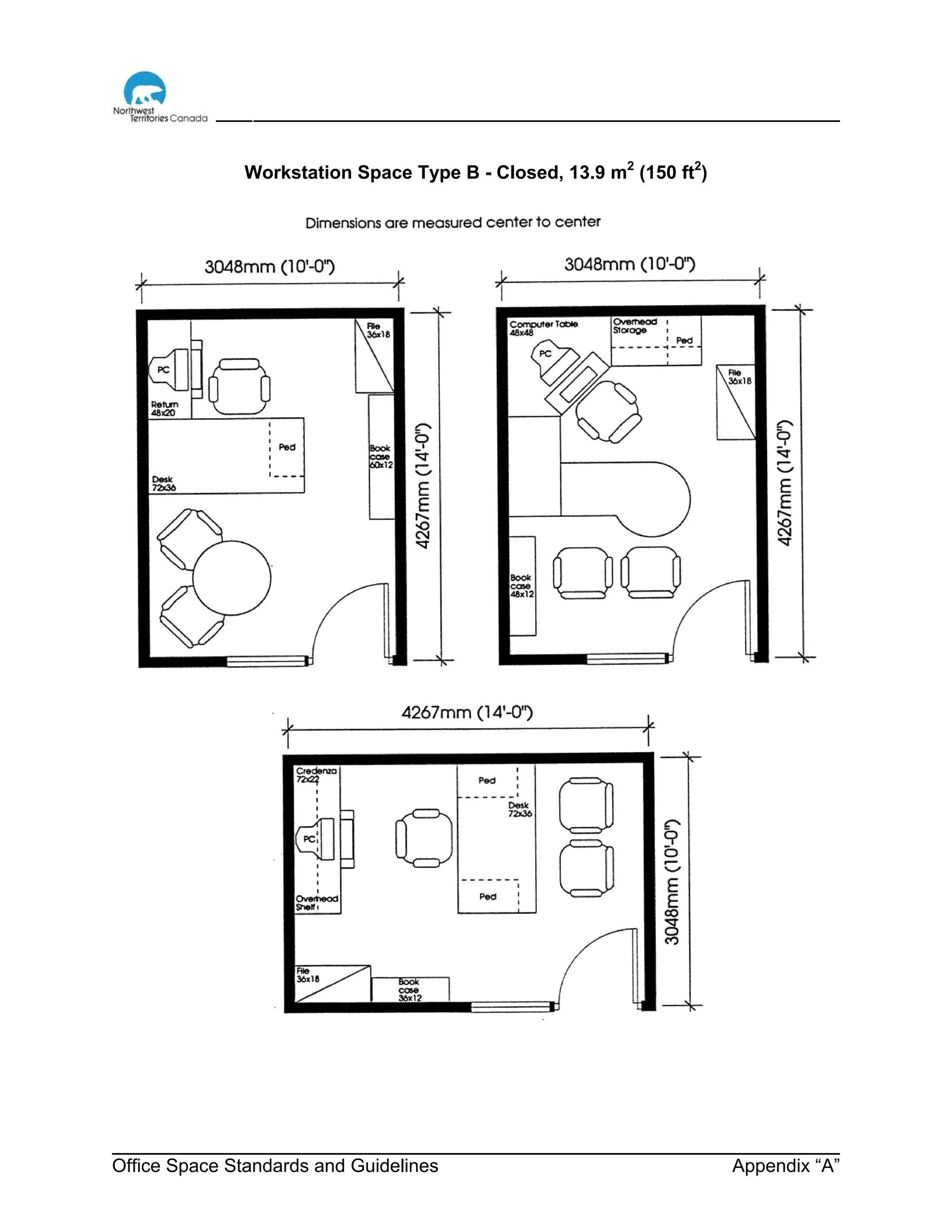 Office Space Standards and Guidelines Appendix “A”
Workstation Space Type B - Closed, 13.9 m2
(150 ft2
)
 