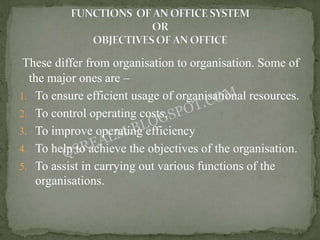 These differ from organisation to organisation. Some of
  the major ones are –
1. To ensure efficient usage of organisational resources.
2. To control operating costs.
3. To improve operating efficiency
4. To help to achieve the objectives of the organisation.
5. To assist in carrying out various functions of the
   organisations.
 