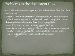 Many difficulties may arise in getting the ideal document flow .Few of the
factors can be:
1.Unequal flow of document: At certain seasons, in almost every kind
   of business ,the document flow is much heavier than at other times.
2.Interruptions to document flow: Every interruption
 causes delay. Interruptions can be internal or external.
 Internal interruptions can be lack of material or information, changes in
   the plan or pattern or methods etc. External interruptions can be
   visitors ,external noise, telephone calls, absenteeism.
 