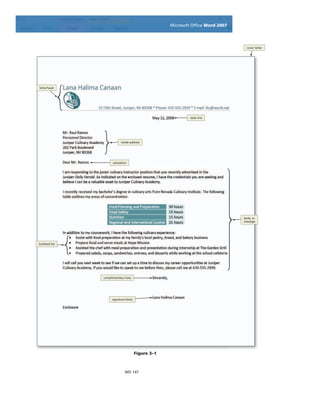 Microsoft Ofﬁce Word 2007
WD 147
Figure 3–1
signature block
salutation
date line
cover letter
complimentary close
body, or
message
inside address
bulleted list
letterhead
 
