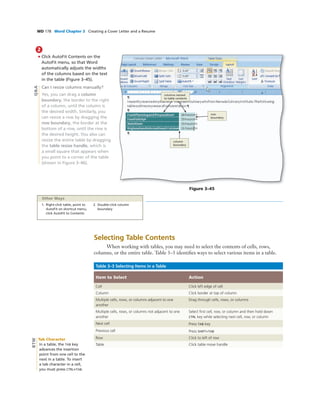 WD 178 Word Chapter 3 Creating a Cover Letter and a Resume
2
• Click AutoFit Contents on the
AutoFit menu, so that Word
automatically adjusts the widths
of the columns based on the text
in the table (Figure 3–45).
Can I resize columns manually?
Yes, you can drag a column
boundary, the border to the right
of a column, until the column is
the desired width. Similarly, you
can resize a row by dragging the
row boundary, the border at the
bottom of a row, until the row is
the desired height. You also can
resize the entire table by dragging
the table resize handle, which is
a small square that appears when
you point to a corner of the table
(shown in Figure 3–46).
Figure 3–45
row
boundary
column
boundary
columns resized
to table contents
Q&A
1. Right-click table, point to
AutoFit on shortcut menu,
click AutoFit to Contents
2. Double-click column
boundary
Other Ways
Selecting Table Contents
When working with tables, you may need to select the contents of cells, rows,
columns, or the entire table. Table 3–3 identiﬁes ways to select various items in a table.
Table 3–3 Selecting Items in a Table
Item to Select Action
Cell Click left edge of cell
Column Click border at top of column
Multiple cells, rows, or columns adjacent to one
another
Drag through cells, rows, or columns
Multiple cells, rows, or columns not adjacent to one
another
Select ﬁrst cell, row, or column and then hold down
CTRL key while selecting next cell, row, or column
Next cell Press TAB key
Previous cell Press SHIFT+TAB
Row Click to left of row
Table Click table move handle
Tab Character
In a table, the TAB key
advances the insertion
point from one cell to the
next in a table. To insert
a tab character in a cell,
you must press CTRL+TAB.
BTW
 
