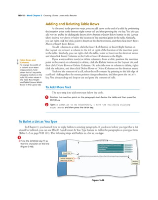 WD 180 Word Chapter 3 Creating a Cover Letter and a Resume
Adding and Deleting Table Rows
As discussed in the previous steps, you can add a row to the end of a table by positioning
the insertion point in the bottom-right corner cell and then pressing the TAB key. You also can
add rows to a table by clicking the Insert Above button or Insert Below button on the Layout
tab to insert a row above or below the location of the insertion point in the table. Similarly,
you can right-click the table, point to Insert on the shortcut menu, and then click Insert Rows
Above or Insert Rows Below.
To add columns to a table, click the Insert Left button or Insert Right button on
the Layout tab to insert a column to the left or right of the location of the insertion point
in the table. Similarly, you can right-click the table, point to Insert on the shortcut menu,
and then click Insert Columns to the Left or Insert Columns to the Right.
If you want to delete row(s) or delete column(s) from a table, position the insertion
point in the row(s) or column(s) to delete, click the Delete button on the Layout tab, and
then click Delete Rows or Delete Columns. Or, select the row or column to delete, right-
click the selection, and then click Delete Rows or Delete Columns on the shortcut menu.
To delete the contents of a cell, select the cell contents by pointing to the left edge of
a cell and clicking when the mouse pointer changes direction, and then press the DELETE
key. You also can drag and drop or cut and paste the contents of cells.
To Add More Text
The next step is to add more text below the table.
1 Position the insertion point on the paragraph mark below the table and then press the
ENTER key.
2 Type In addition to my coursework, I have the following culinary
experience: and then press the ENTER key.
To Bullet a List as You Type
In Chapter 1, you learned how to apply bullets to existing paragraphs. If you know before you type that a list
should be bulleted, you can use Word’s AutoFormat As You Type feature to bullet the paragraphs as you type them
(Table 3–2 on page WD 163). The following steps add bullets to a list as you type.
1
• Press the ASTERISK key (*) as
the ﬁrst character on the line
(Figure 3–48).
Figure 3–48
blank line
sentence
entered
asterisk entered at
beginning of line
Table Rows and
Columns
To change the width of
a column to an exact
measurement, hold
down the ALT key while
dragging markers on the
ruler. Or, enter values in
the Table Row Height
and Table Column Width
boxes in the Layout tab.
BTW
 
