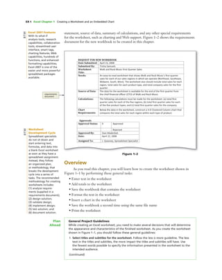EX 4 Excel Chapter 1 Creating a Worksheet and an Embedded Chart
Figure 1–2
requirements
document
Overview
As you read this chapter, you will learn how to create the worksheet shown in
Figure 1–1 by performing these general tasks:
• Enter text in the worksheet
• Add totals to the worksheet
• Save the workbook that contains the worksheet
• Format the text in the worksheet
• Insert a chart in the worksheet
• Save the workbook a second time using the same ﬁle name
• Print the worksheet
EX 4 Excel Chapter 1 Creating a Worksheet and an Embedded Chart
statement, source of data, summary of calculations, and any other special requirements
for the worksheet, such as charting and Web support. Figure 1–2 shows the requirements
document for the new workbook to be created in this chapter.
General Project Guidelines
While creating an Excel worksheet, you need to make several decisions that will determine
the appearance and characteristics of the ﬁnished worksheet. As you create the worksheet
shown in Figure 1–1, you should follow these general guidelines:
1. Select titles and subtitles for the worksheet. Follow the less is more guideline. The less
text in the titles and subtitles, the more impact the titles and subtitles will have. Use
the fewest words possible to specify the information presented in the worksheet to the
intended audience.
(continued)
Plan
Ahead
Worksheet
Development Cycle
Spreadsheet specialists
do not sit down and
start entering text,
formulas, and data into
a blank Excel worksheet
as soon as they have a
spreadsheet assignment.
Instead, they follow
an organized plan,
or methodology, that
breaks the development
cycle into a series of
tasks. The recommended
methodology for creating
worksheets includes:
(1) analyze require-
ments (supplied in a
requirements document);
(2) design solution;
(3) validate design;
(4) implement design;
(5) test solution; and
(6) document solution.
BTW
Excel 2007 Features
With its what-if
analysis tools, research
capabilities, collaboration
tools, streamlined user
interface, smart tags,
charting features, Web
capabilities, hundreds of
functions, and enhanced
formatting capabilities,
Excel 2007 is one of the
easier and more powerful
spreadsheet packages
available.
BTW
 