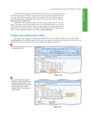 ExcelChapter1
Using the Fill Handle to Copy a Cell to Adjacent Cells EX 27
Figure 1–35
mouse pointer
changes to cross
hair indicating ﬁll
handle is selected
Figure 1–36
source area
(cell B9)
destination area
(range C9:F9)
mouse
pointer as dragging takes place,
Excel displays border
around destination area
and source area
To place the SUM functions in cells C9, D9, E9, and F9, you could follow the same
steps shown previously in Figures 1–32 through 1–34. A second, more efﬁcient method
is to copy the SUM function from cell B9 to the range C9:F9. The cell being copied is
called the source area or copy area. The range of cells receiving the copy is called the
destination area or paste area.
Although the SUM function entries in Table 1–2 are similar, they are not exact
copies. The range in each SUM function entry uses cell references that are one column
to the right of the previous column. When you copy cell references, Excel automatically
adjusts them for each new position, resulting in the SUM function entries illustrated in
Table 1–2. Each adjusted cell reference is called a relative reference.
To Copy a Cell to Adjacent Cells in a Row
The easiest way to copy the SUM formula from cell B9 to cells C9, D9, E9, and F9 is to use the ﬁll handle.
The ﬁll handle is the small black square located in the lower-right corner of the heavy border around the active cell.
The following steps use the ﬁll handle to copy cell B9 to the adjacent cells C9:F9.
1
• With cell B9 active, point to the ﬁll
handle (Figure 1–35).
2
• Drag the ﬁll handle to select the
destination area, range C9:F9, to
display a shaded border around
the destination area, range C9:F9,
and the source area, cell B9
(Figure 1–36). Do not release the
mouse button.
 