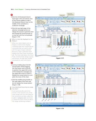 EX 52 Excel Chapter 1 Creating a Worksheet and an Embedded Chart
4
• Click the 3-D Clustered Column
chart type in the 3-D Column area
of the Column gallery to add a
3-D Clustered Column chart to the
middle of the worksheet in
a selection rectangle.
• Click the top-right edge of the
selection rectangle but do not
release the mouse to grab the chart
and change the mouse pointer to
a cross hair with four arrowheads
(Figure 1–77).
Why is a new tab displayed on the
Ribbon?
When you select objects such as
shapes or charts, Excel displays
contextual tabs that include special
commands that are used to work
with the type of object selected.
Because a chart is selected, Excel
displays the Chart Tools contextual
tab. The three tabs below the Chart
Tools contextual tab, Design, Layout,
and Format, are tabs that include
commands to work with charts.
Figure 1–77
Design tab
mouse pointer
changes to cross hair
with four arrowheads
initial 3-D
Clustered
Column chart
selection
rectangle
sizing
handles
when chart is
selected, colored
borders in worksheet
indicate chart range
Chart Tools
contextual tab
Q&A
5
• Continue holding down the left
mouse button while dragging
the chart down and to the left
to position the upper-left corner
of the dotted line rectangle over
the upper-left corner of cell A11.
Release the mouse button to com-
plete the move of the chart.
• Click the middle sizing handle on
the right edge of the chart and
do not release the mouse button
(Figure 1–78).
How does Excel know how to create
the chart?
Excel automatically selects the
entries in the topmost row of the
chart range (row 3) as the titles for
the horizontal axis (also called the
x-axis or category axis) and draws
a column for each of the 25 cells in
the range containing numbers.
Figure 1–78
upper-left corner of
chart area moved to
upper-left corner of
cell A11
mouse pointer changes
to a cross hair
Q&A
 