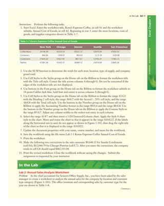 ExcelChapter1STUDENTASSIGNMENTS
Instructions: Perform the following tasks.
1. Start Excel. Enter the worksheet title, Kona’s Expresso Coffee, in cell A1 and the worksheet
subtitle, Annual Cost of Goods, in cell A2. Beginning in row 3, enter the store locations, costs of
goods, and supplies categories shown in Table 1–7.
Table 1–7 Kona’s Expresso Coffee Annual Cost of Goods
New York Chicago Denver Seattle San Franscisco
Coffee Beans 34146.39 43253.53 43522.72 53075.94 47654.32
Containers 964.84 1009.97 864.65 1215.39 1429.98
Condiments 21843.43 37627.87 9817.67 12793.47 11565.13
Pastries 47381.28 52420.37 38389.12 23074.84 22805.06
2. Use the SUM function to determine the totals for each store location, type of supply, and company
grand total.
3. Use Cell Styles in the Styles group on the Home tab on the Ribbon to format the worksheet title
with the Title cell style. Center the title across columns A through G. Do not be concerned if the
edges of the worksheet title are not displayed.
4. Use buttons in the Font group on the Home tab on the Ribbon to format the worksheet subtitle to
14-point Calibri dark blue, bold font and center it across columns A through G.
5. Use Cell Styles in the Styles group on the Home tab on the Ribbon to format the range A3:G3
with the Heading 2 cell style, the range A4:G7 with the Accent1 - 20% cell style, and the range
A8:G8 with the Total cell style. Use the buttons in the Number group on the Home tab on the
Ribbon to apply the Accounting Number format to the range B4:G4 and the range B8:G8. Use
the buttons in the Number group on the Home tab on the Ribbon to apply the Comma Style to
the range B5:G7. Adjust any column widths to the widest text entry in each column.
6. Select the range A3:F7 and then insert a 3-D Clustered Column chart. Apply the Style 8 chart
style to the chart. Move and resize the chart so that it appears in the range A10:G22. If the labels
along the horizontal axis (x-axis) do not appear as shown in Figure 1-102, then drag the right side
of the chart so that it is displayed in the range A10:H22.
7. Update the document properties with your name, course number, and name for the workbook.
8. Save the workbook using the ﬁle name Lab 1-1 Konas Expresso Coffee Annual Cost of Goods.
9. Print the worksheet.
10. Make the following two corrections to the sales amounts: $9,648.12 for Seattle Condiments
(cell E6), $12,844.79 for Chicago Pastries (cell C7). After you enter the corrections, the company
totals in cell G8 should equal $462,135.04.
11. Print the revised worksheet. Close the workbook without saving the changes. Submit the
assignment as requested by your instructor.
In the Lab
Lab 2: Annual Sales Analysis Worksheet
Problem: As the chief accountant for Scissors Ofﬁce Supply, Inc., you have been asked by the sales
manager to create a worksheet to analyze the annual sales for the company by location and customer
type category (Figure 1–103). The ofﬁce locations and corresponding sales by customer type for the
year are shown in Table 1–8.
Continued >
In the Lab EX 75
 