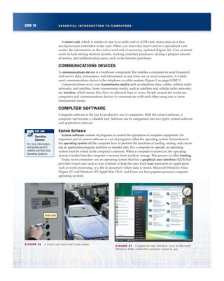 A smart card, which is similar in size to a credit card or ATM card, stores data on a thin
microprocessor embedded in the card. When you insert the smart card in a specialized card
reader, the information on the card is read and, if necessary, updated (Figure 26). Uses of smart
cards include storing medical records, tracking customer purchases, storing a prepaid amount
of money, and authenticating users, such as for Internet purchases.
COMMUNICATIONS DEVICES
A communications device is a hardware component that enables a computer to send (transmit)
and receive data, instructions, and information to and from one or more computers. A widely
used communications device is the telephone or cable modem (Figure 1 on page COM 2).
Communications occur over transmission media such as telephone lines, cables, cellular radio
networks, and satellites. Some transmission media, such as satellites and cellular radio networks,
are wireless, which means they have no physical lines or wires. People around the world use
computers and communications devices to communicate with each other using one or more
transmission media.
COMPUTER SOFTWARE
Computer software is the key to productive use of computers. With the correct software, a
computer can become a valuable tool. Software can be categorized into two types: system software
and application software.
System Software
System software consists of programs to control the operations of computer equipment. An
important part of system software is a set of programs called the operating system. Instructions in
the operating system tell the computer how to perform the functions of loading, storing, and execut-
ing an application program and how to transfer data. For a computer to operate, an operating
system must be stored in the computer’s memory. When a computer is turned on, the operating
system is loaded into the computer’s memory from auxiliary storage. This process is called booting.
Today, most computers use an operating system that has a graphical user interface (GUI) that
provides visual cues such as icon symbols to help the user. Each icon represents an application
such as word processing, or a file or document where data is stored. Microsoft Windows Vista
(Figure 27) and Windows XP, Apple Mac OS X, and Linux are four popular personal computer
operating systems.
COM 18 ESSENTIAL INTRODUCTION TO COMPUTERS
FIGURE 26 A smart card and smart card reader.
smart card
FIGURE 27 A graphical user interface, such as Microsoft
Windows Vista, makes the computer easier to use.
Operating
Systems
For more information,
visit scsite.com/ic7/
weblink and then click
Operating Systems.
WEB LINK
 